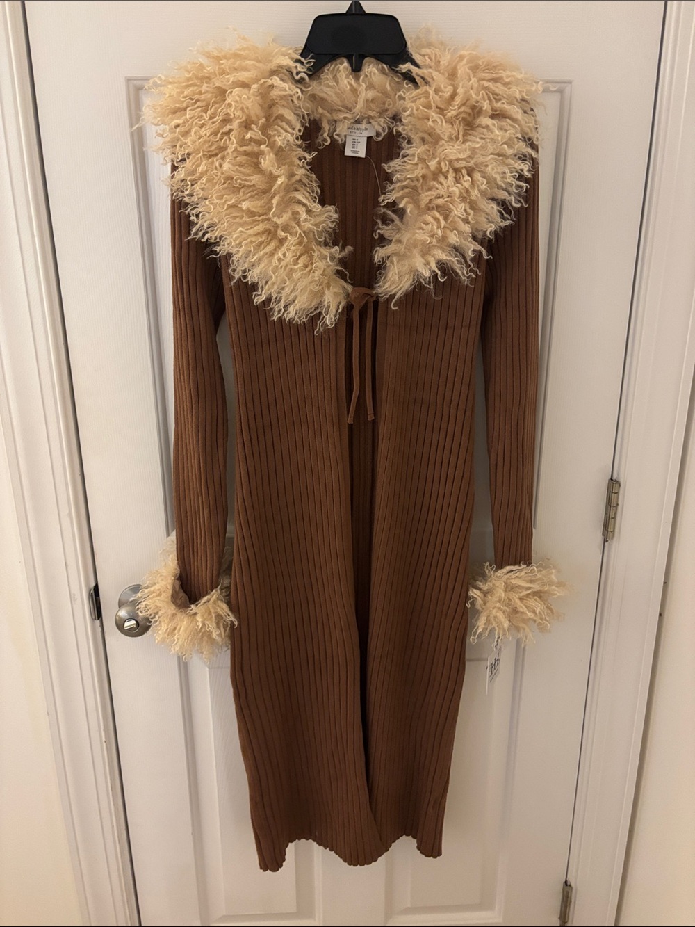Haute Hippie Brown Ribbed Long Sleeve Dress with Cream Fur Trim